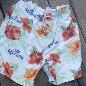 Corona White Swim Shorts with Orange Floral Print